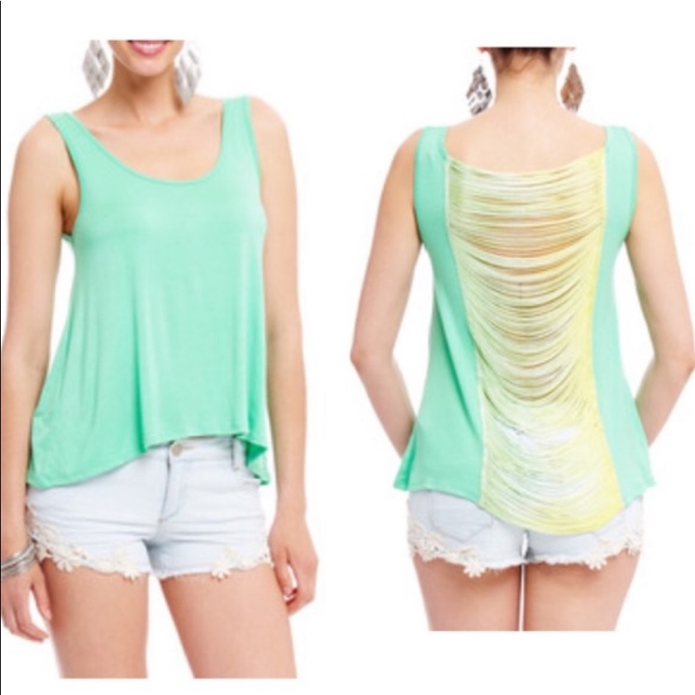 2B Bebe light green tank w/open back covered by green & yellow cascading fringe